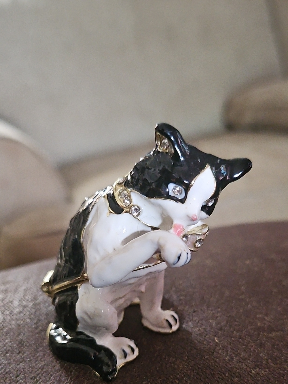 Black & White Cat Trinket Box with Gold Accents and Crystal Details